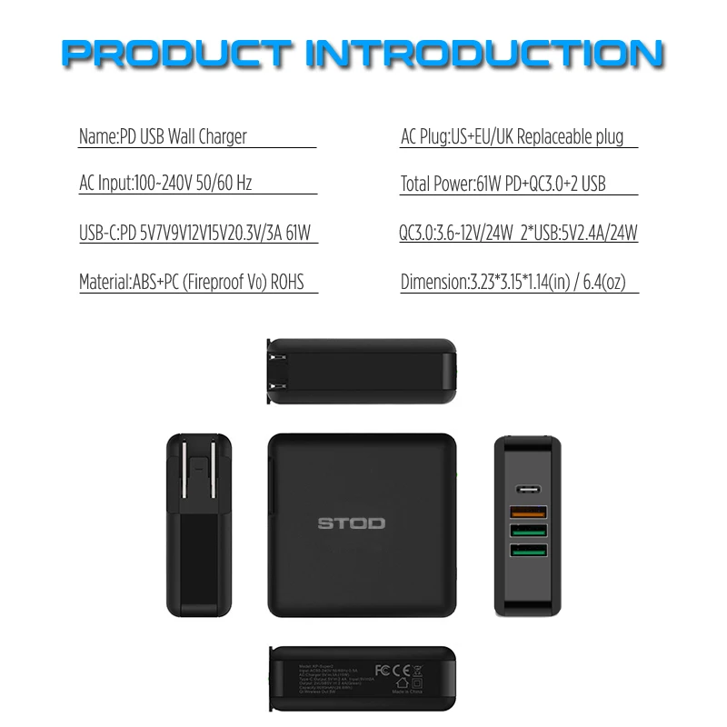 Зарядное устройство STOD PD USB 61 Вт 4 порта Тип C Быстрая зарядка 3,0 Быстрая зарядка для iPhone Xr Xs Max iPad Pro Macbook Samsung Galaxy S10 S9 Note 9 8 Huawei Matebook Mi 9столы ноутбук USB-C QC3.0 адаптер питания
