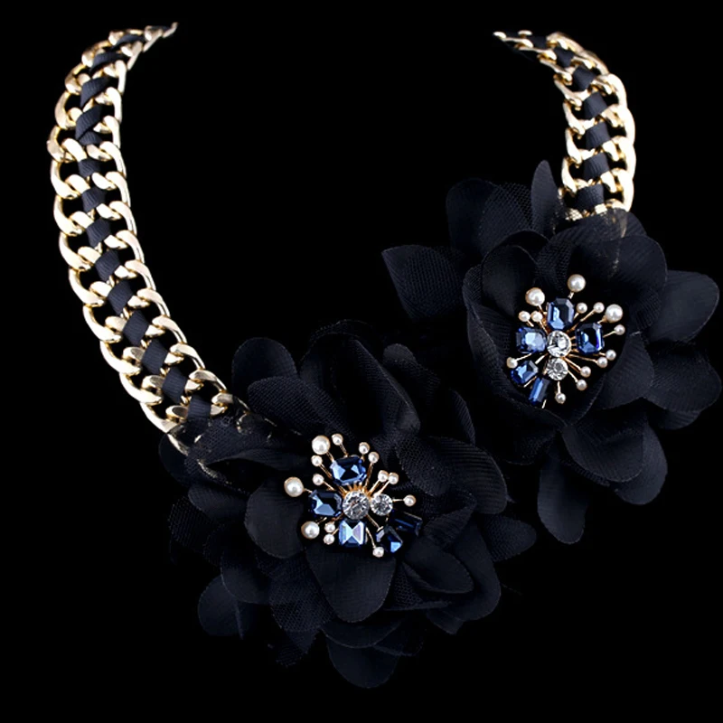 2016 Париж модное платье кристалл Кружево черный цветок Цепочки и ожерелья ручной