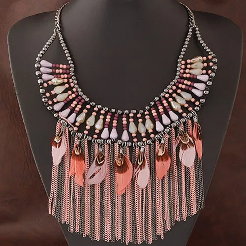 

Exaggeration Necklace New Fashion Personality Tassels Feather Dripping Stone Long Necklace