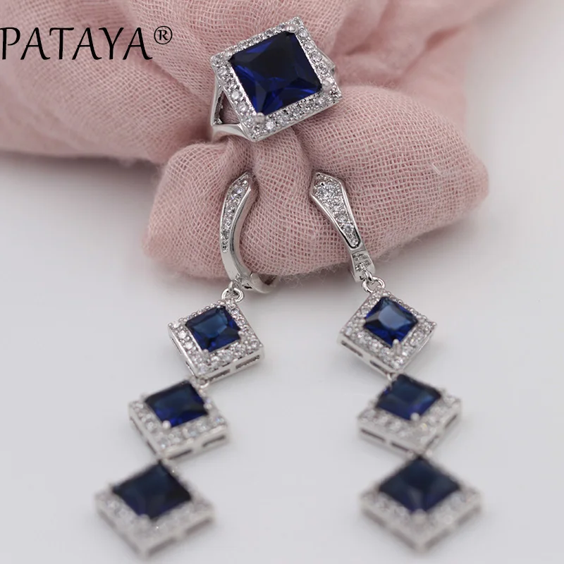 Серьги и кольцо PATAYA женские Длинные Зеленые квадратные бриллиантовые комплекты