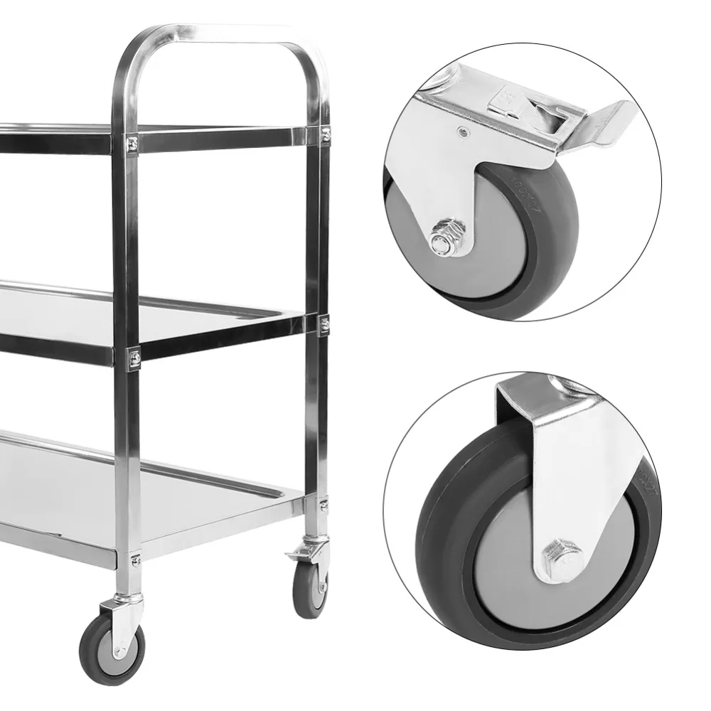

Stainless Steel Large 3 Tier Hotel Catering Trolley Restaurant Cart Serving Clearing with Brake Hand Tools 100Kg Bearing/Layer