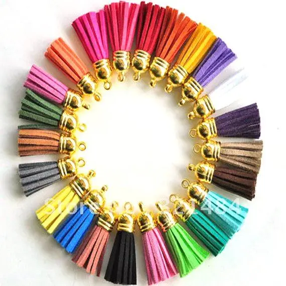 

Hotsale!!! Fashion 35mm 100piece Suede Leather Tassel Fiber Fringe Tassel with Gold Plated Cord Caps Stopper Charms