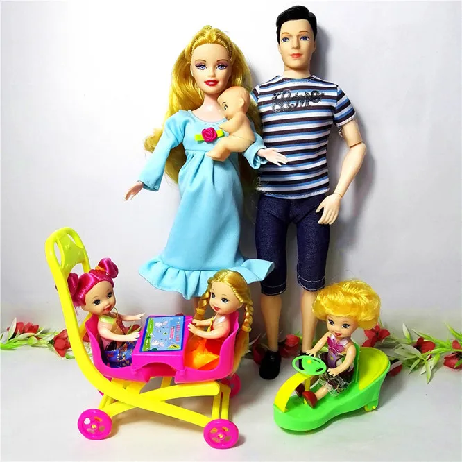 Синий Модные куклы, игрушки для семьи, 6 человек, костюмы для кукол, 1 мама/1 Папа/3, маленькая девочка Келли/1 ребенок, сын/2, детская коляска, настоящая кукла для беременных, подарки - Цвет: Синий