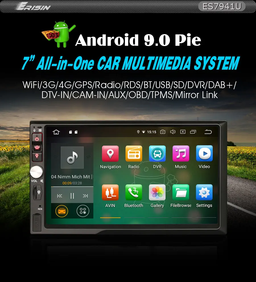 Erisin ES7941U 7 дюймов Android 9,0 Восьмиядерный 4 Гб ram Автомобильный DVD Радио BT для универсальных автомобилей