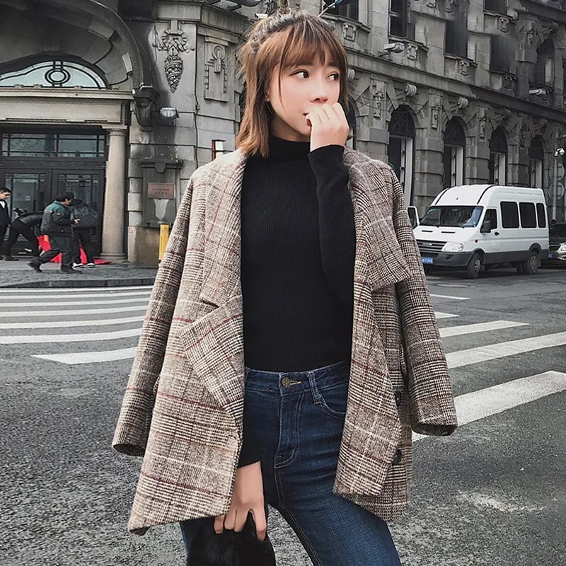 TWOTWIN стильный клетчатый шерстяной Блейзер топы женский двубортный пиджак с