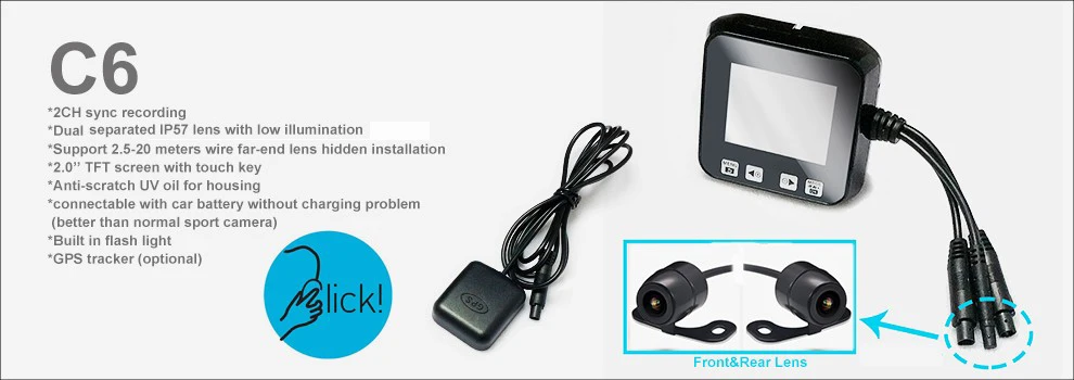 2," Экран Touch ключ C6 черный ящик автомобиля Двойной объектив мотоцикл DVR камера видео Регистраторы Поддержка gps и g-сенсор