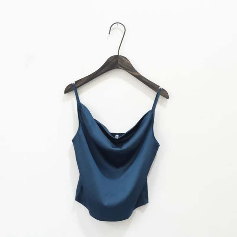 2017 New Ladies Sexy Simple Solid Blue Santin Silk Camis Tank Top Date Party Street Style | Женская одежда