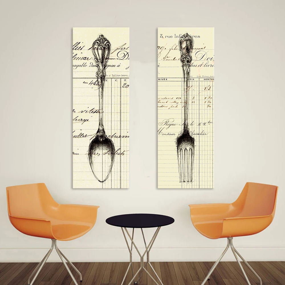 

HDARTISAN Modern Canvas Art 2 Pieces Wall Pictures Tableware Fork and Spoon For Dining Room Home Decor Frameless