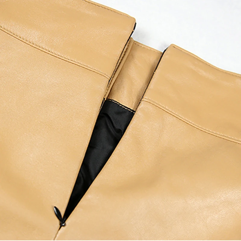 RYS8340 Fashion Style 2020 Winter Genuine Leather Skirt Women Buttocks 60 cm Long Saias Female Beige/Black Buckles Faldas