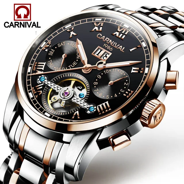 Rose gold Black Relogio Masculino, карнавальные Мужские механические часы с самозащитой и турбийоном, водонепроницаемые автоматические часы со скелетом, мужские часы - Цвет: Rose gold Black