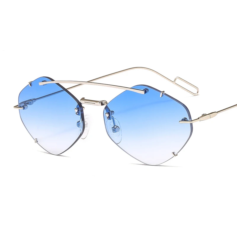 C7 Silver Blue HBK Женские Ретро шестигранные солнцезащитные очки Женские Черные Серые оттенки режущие линзы для девочек бескаркасные металлические оправы очки UV400 - Цвет линз: C7 Silver Blue