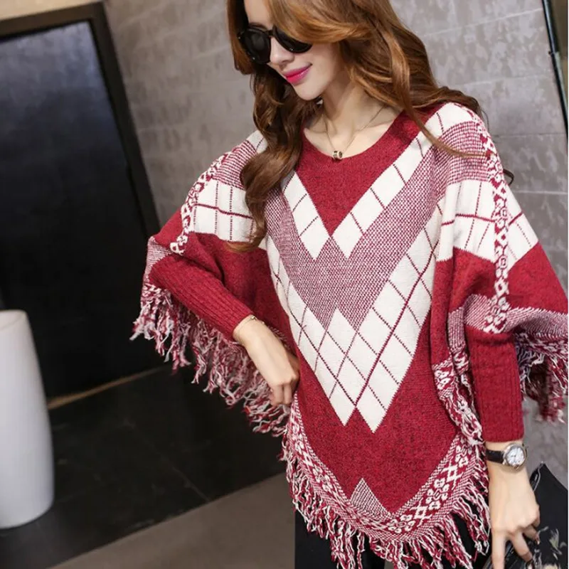 2016 Женский вязаный свитер Модный пуловер с рукавами летучая мышь и кисточками