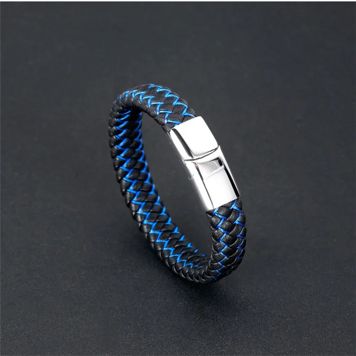 black blue Плетеный браслет из натуральной кожи для мужчин, нержавеющая сталь, магнитная застежка, широкие браслеты, новинка, Панк ювелирные изделия, черные, синие широкие - Окраска металла: black blue