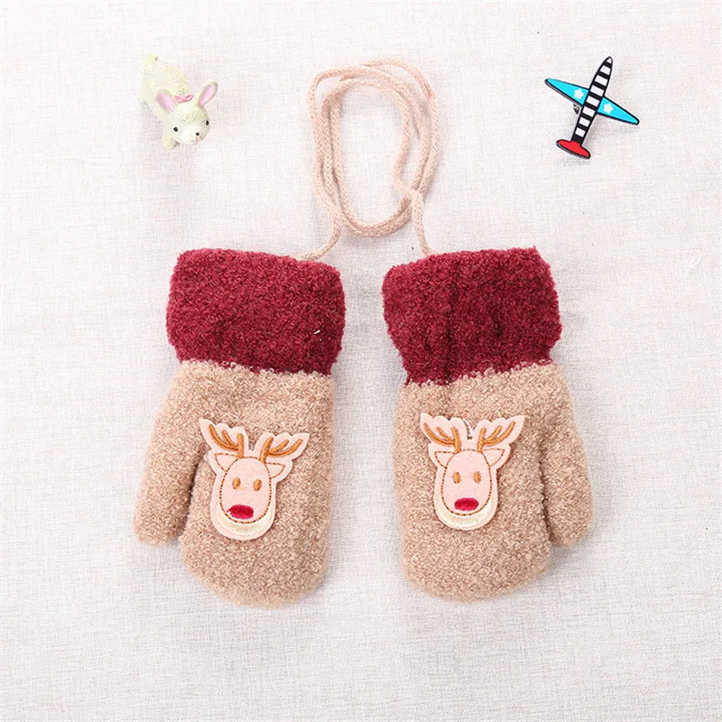 Winter Baby Boy Girl Gloves Cotton Kids Full Finger Cute Cartoon Knitting Solid Infant kids Thicken Warm With Sling | Детская одежда и
