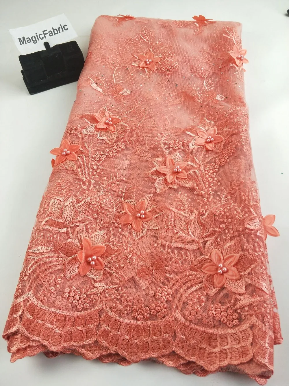High Quality Nigerian 3D Flower Lace With Beads African French Net Fabric Embroidered Tulle For Dress CN007 | Дом и сад