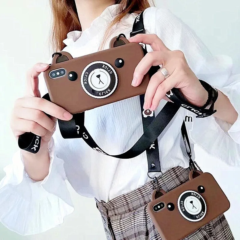Bear Camera Pattern Phone Case For iPhone 8 plus X XR XS Max 6 6s 7 Plus Cute Retro Soft silicone with Lanyard Bracket |
