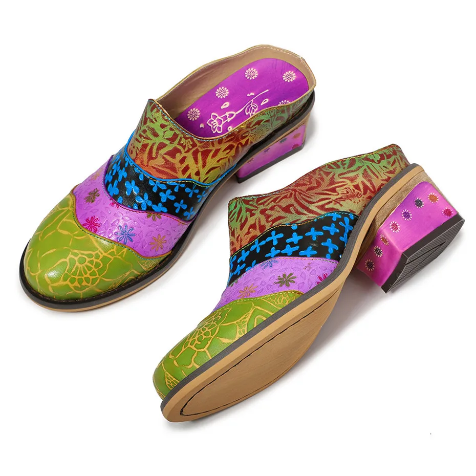 Богемные женские мюли из натуральной кожи туфли лодочки с винтажным принтом