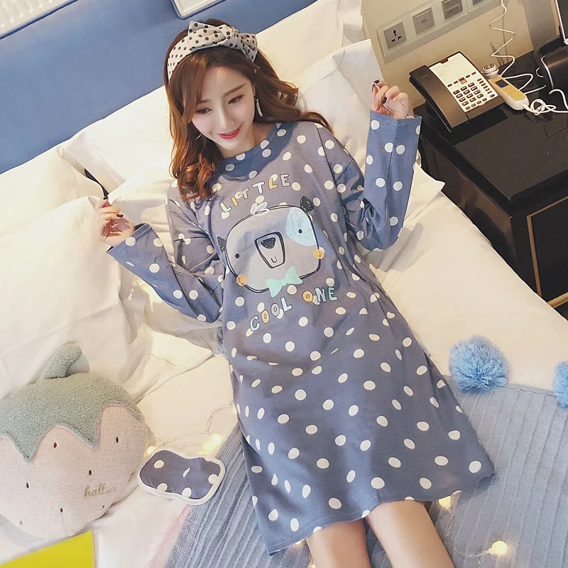 2018 Autumn 100% Cotton Polka Dot Dress Nightgown for Women Long Sleeve Nightdress Cute Girls cartoon Night Home Sleepwear | Женская