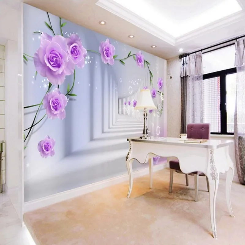 Beibehang Customize any sizewallpaper 3D living room bedroom backdrop abstract perspective background wallpaper purple flowers |