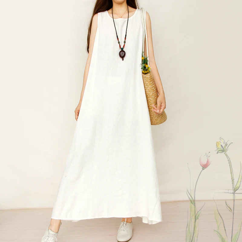 Fashion 2017 New Cotton Linen Vintage Dress Summer Women Casual Loose Long Maxi Dresses Pure Color Plus Size A216 | Женская одежда