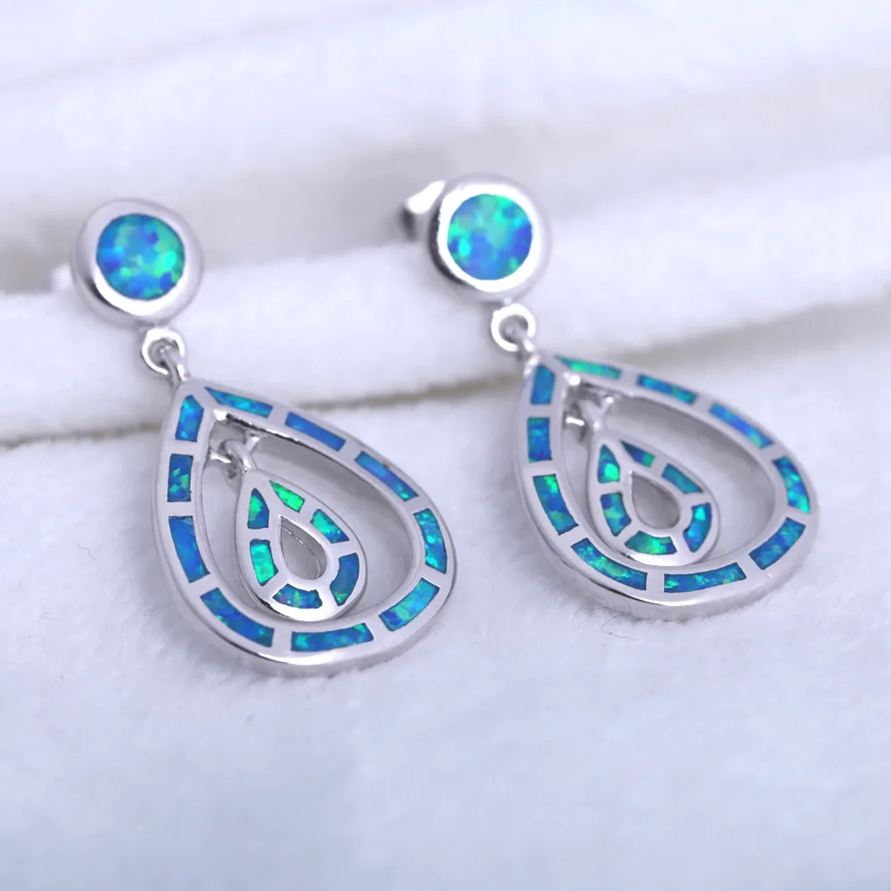 ROLILASON Trendy water drops earring silver plated stamped blue fire opal Drop Earrings fashion Jewelry OE741 | Украшения и