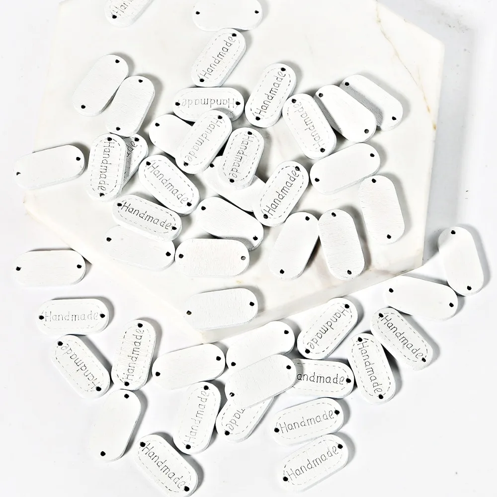 50Pcs High Quality 12x24mm Wooden Button "Hand Made" tags Wood Sewing Accessories For Clothes Handmade Scrapbooking Craft DIY