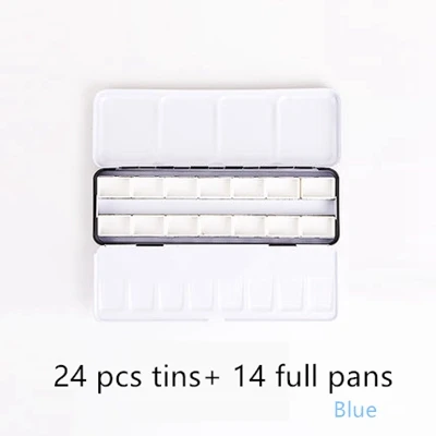 24-14full pan blue Розовый/синий/зеленый цвет воды краски металла 24 жестяная коробка с 14 полный кастрюли/24 половина кастрюли для краски пустой краски палитра цвета палета - Цвет: 24-14full pan blue