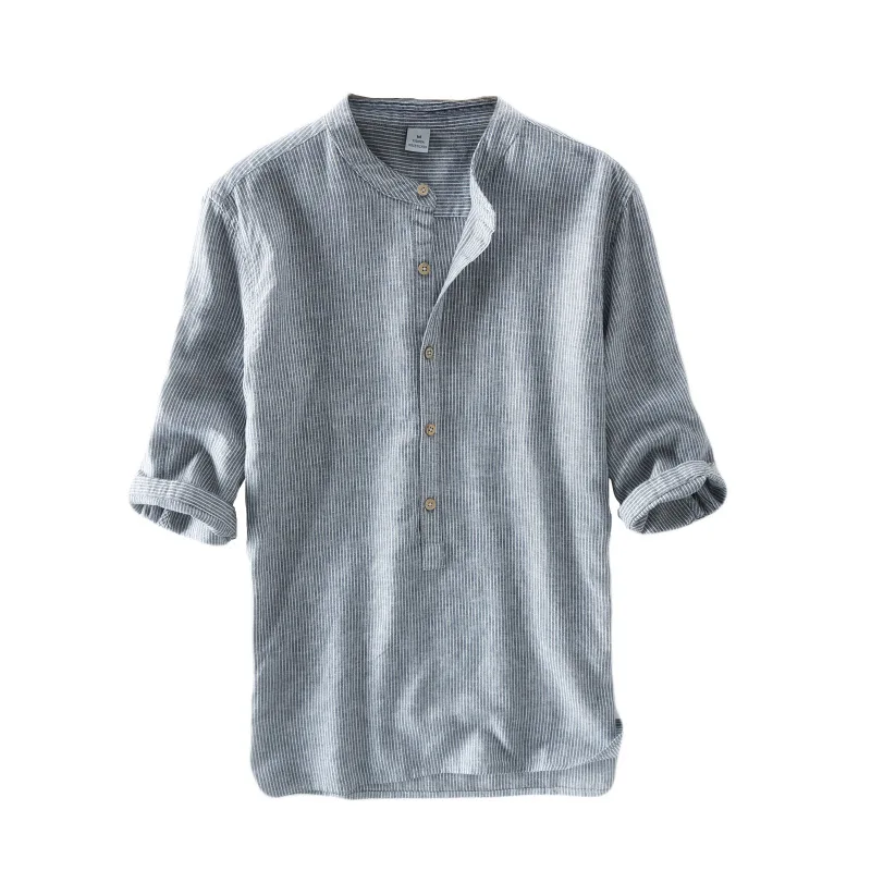 2018 Men's stripe Three Quarter Linen Shirt Mandarin collar summer shirt men linen cotton casual male breathable | Мужская одежда