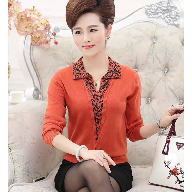 Middle-aged Women Sweater New Fashion Lapel Fake Two-piece Spring Autumn Pullover Casual Female Tops 975 | Женская одежда