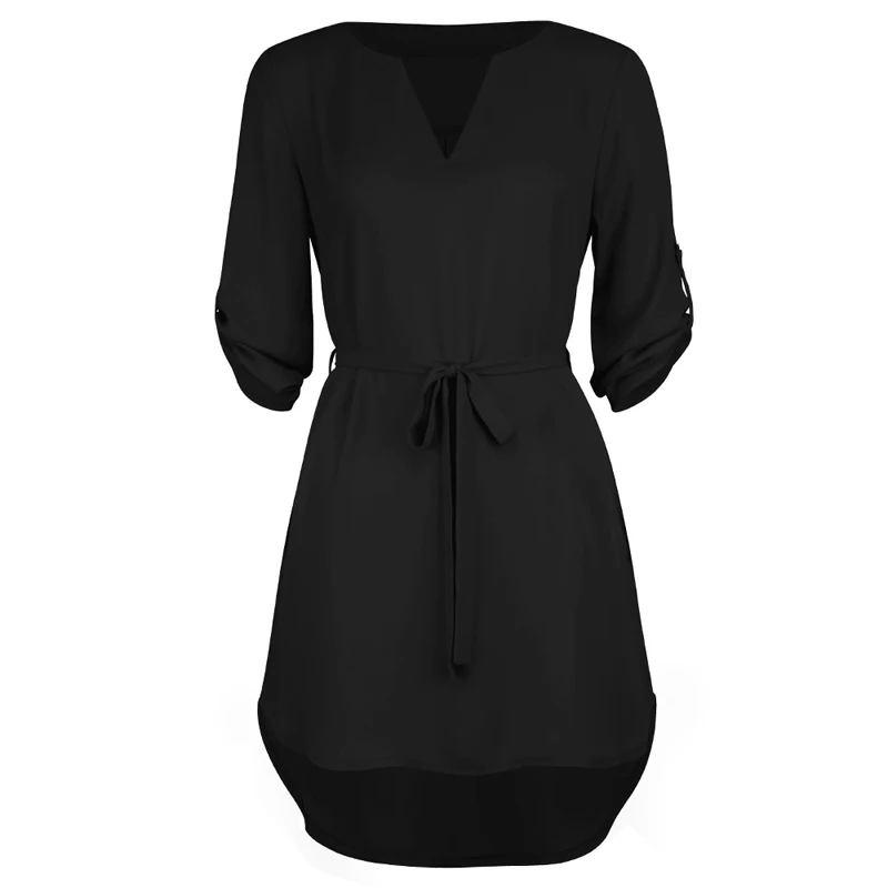 Черный Женское пляжное платье, короткая туника, рубашки, платье Vestidos, одноцветное, v-образный вырез, сарафан, Ретро стиль, карманы, свободные, шифон, вечерние, платье - Цвет: Черный