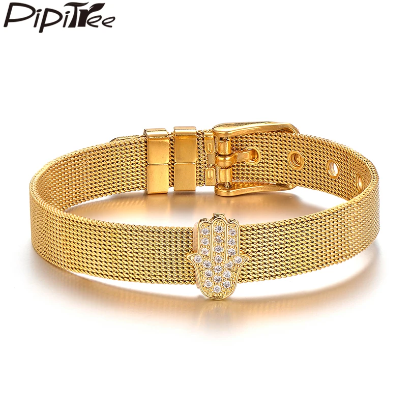 Pipitree Cubic Zirconia Hamsa Hand Bracelet Stainless Steel Mesh Chain Charm Bracelets &amp Bangles for Women Men Fashion Jewelry |