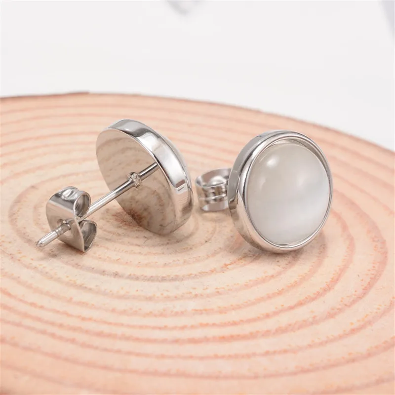Martick Simple Style 316L Stainless Steel Opal Stud Earrings For Woman Round Stone Brincos Fine Jewelry Femme Gift E136 | Украшения и