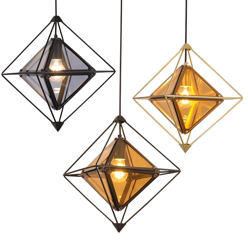 Скандинавское стекло ретро Подвесная лампа каркас в форме алмаза художественная