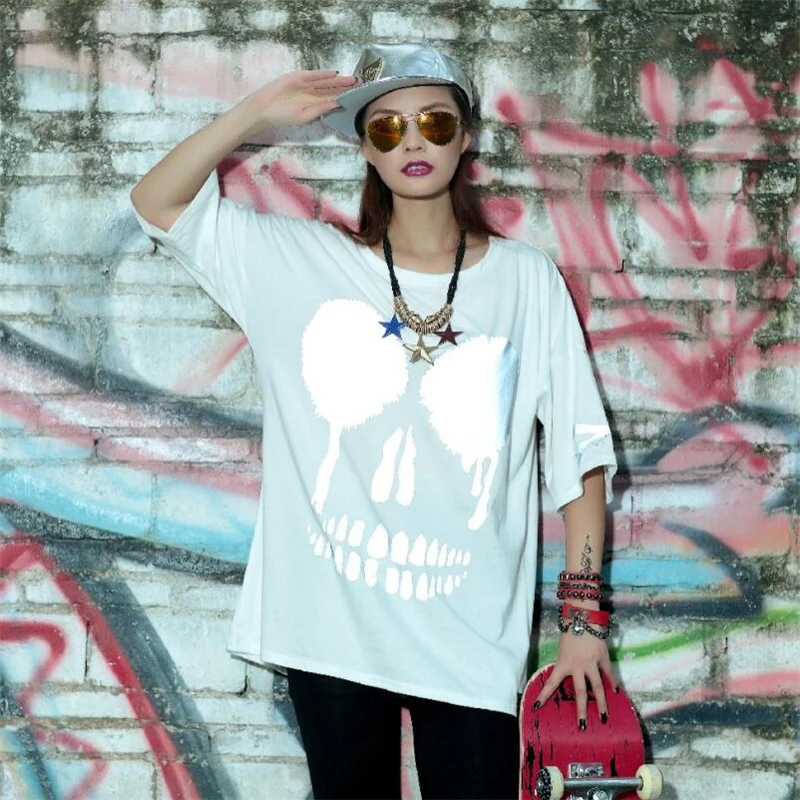 Women T-Shirt Summer Half sleeve Skull Print Cotton Female Hip-hop Loose New Fashion Casual Rock Punk style Tops Tees | Женская одежда