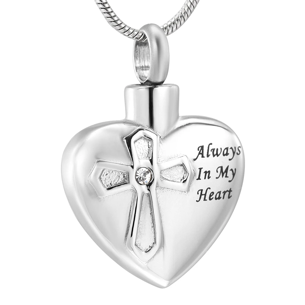 

IJD12442 Stainless Steel Always In My Heart Crystal Cross Cremation Pendant Jewelry for Ashes Memorial Necklace Souvenir Jewelry