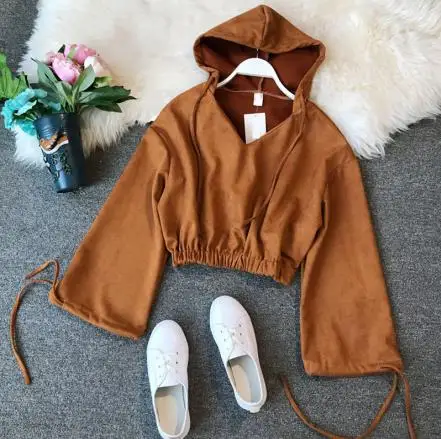 khaki Осенние женские толстовки и свитера, однотонный свободный короткий v-образный вырез с капюшоном, рукав летучая мышь, пуловер, топы - Цвет: khaki