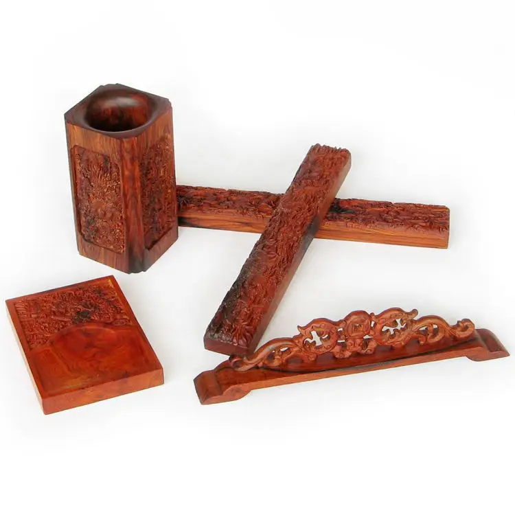 

A Zhai Gallery] the "scholar's four jewels" suite Paperweight mahogany carved dragon pen brush pen rack Suanzhimu pen