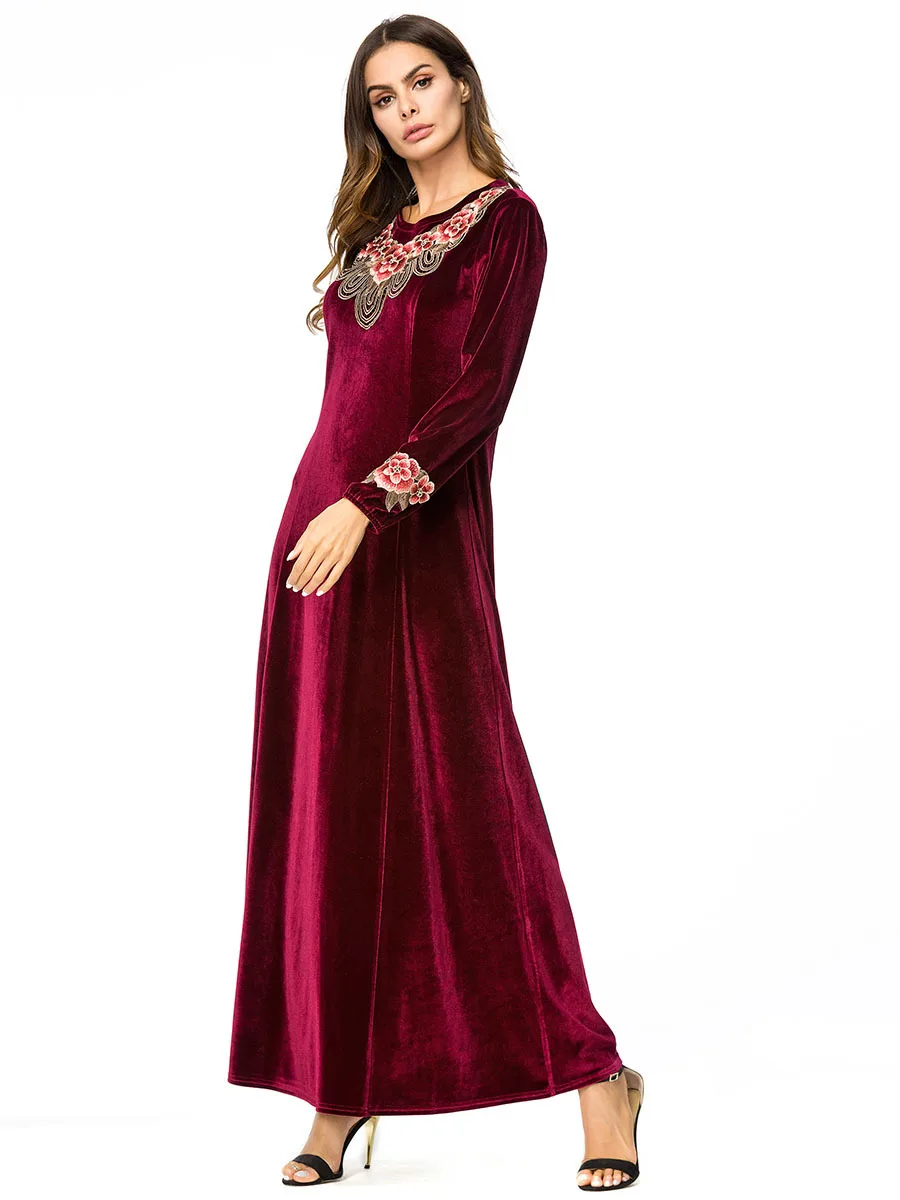 Islamic dress women turkey wine red velvet slimming A line plus size 4XL 2018 autumn marokkaanse jurken 18068 | Тематическая одежда