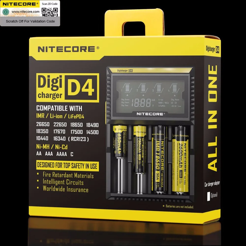 Оригинальное зарядное устройство Nitecore D4 умное с ЖК-дисплеем для аккумуляторов