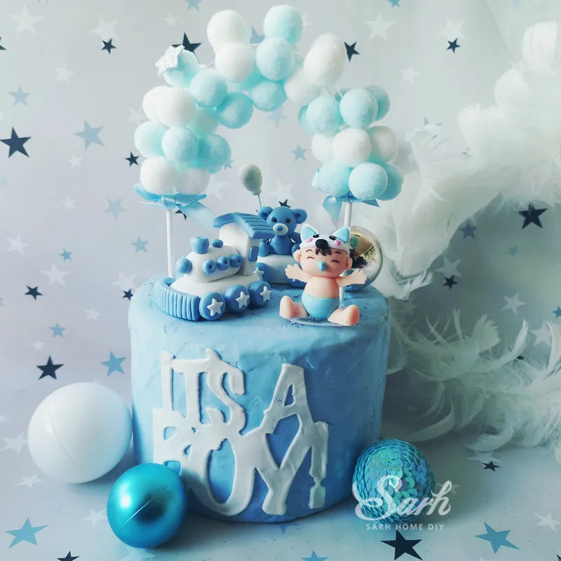 

1st 100 days Oh Baby Girl Boy Blue Pink Hairball Cake Topper for Party Cake Decorating Dessert Cute Gifts