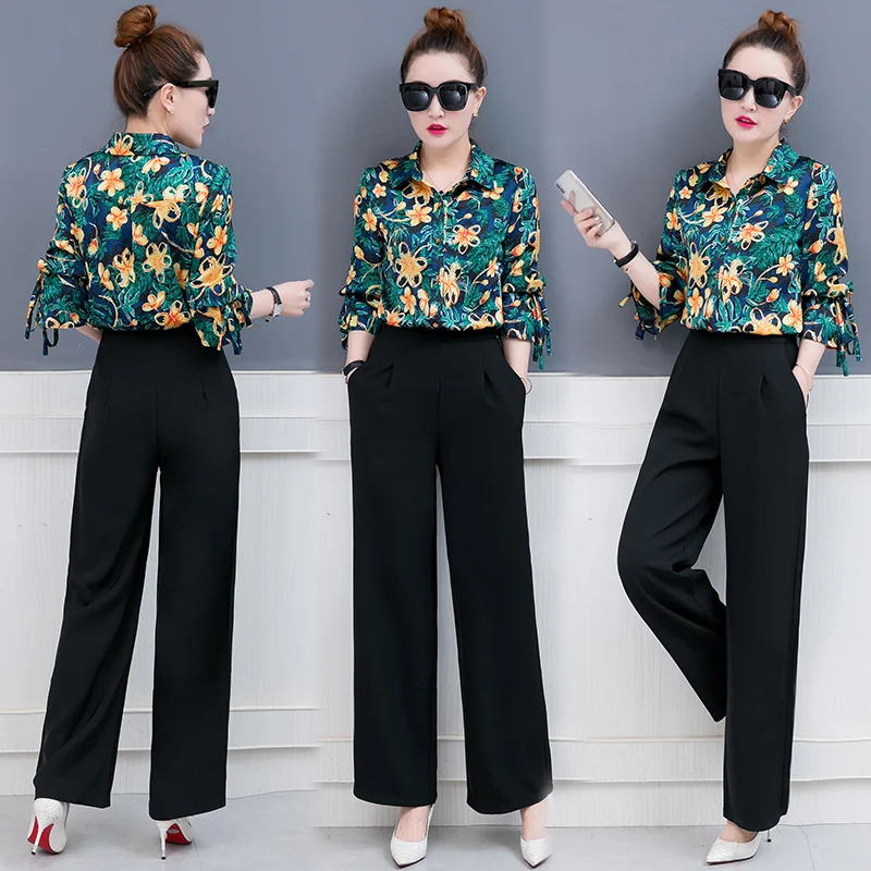 

Spring new korean fashion women's clothing floral print shirt top & black wide-legged pants two pcs office suits lady outfit