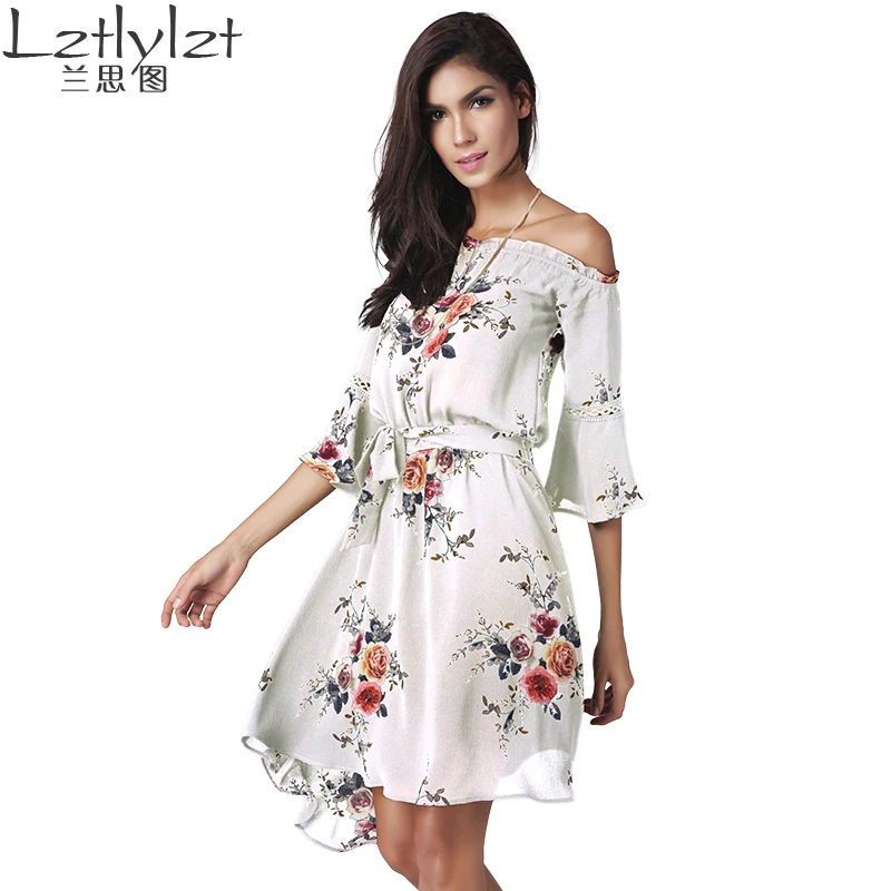 2017 new irregular print dress sexy fashion in Europe and America A line above knee slash neck free shipping | Женская одежда