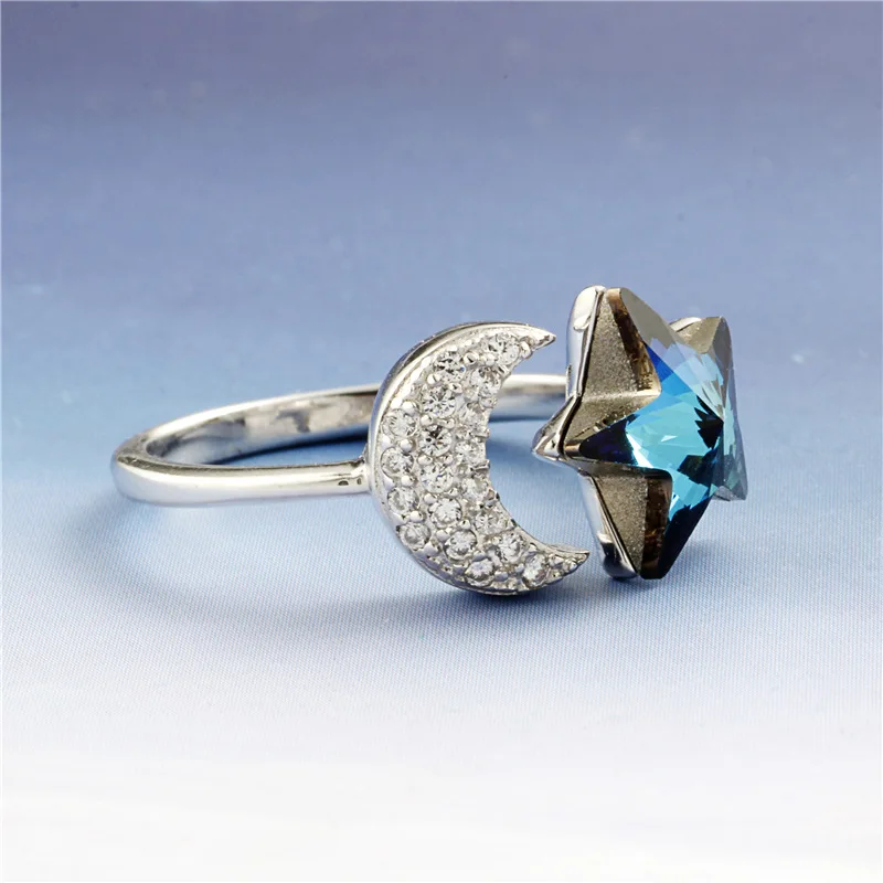 blue star moon cz open ring 100% Sterling 925 silver Jewelry Vintage Adjustable rings for women girl gift free size | Украшения и
