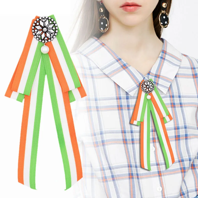 Stripe Fabric Brooch Women Blouse Elegant Fashion Jewelry Pin Crystal Rhinestone Flower Girls Clothing Accessory | Украшения и