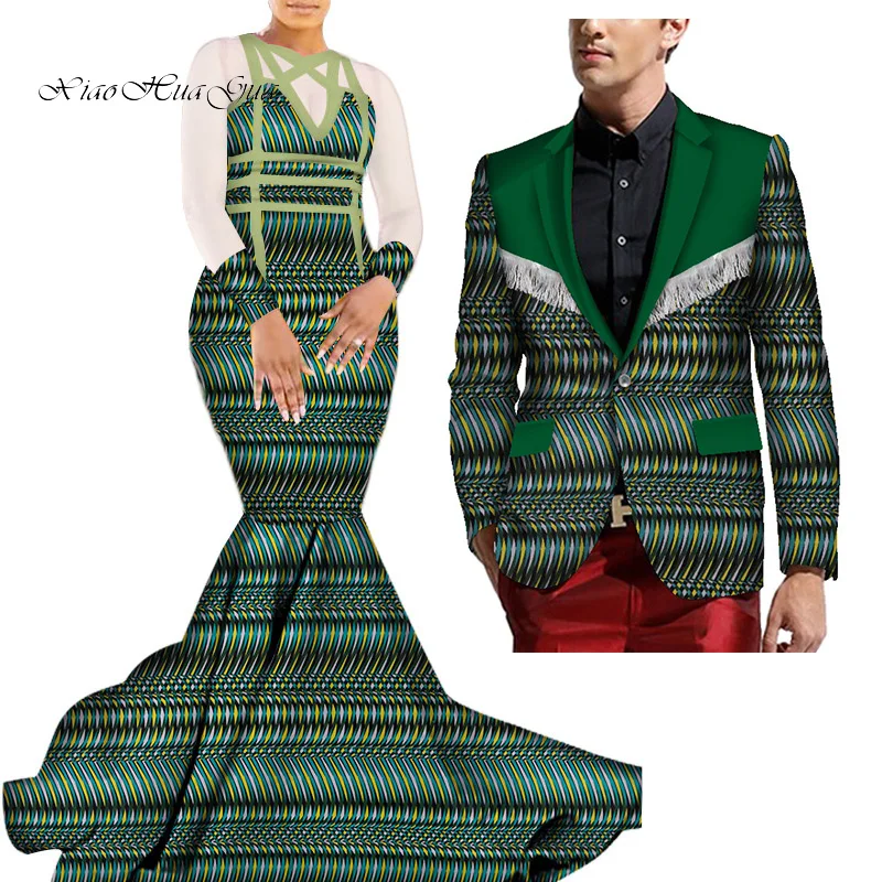 11 African Mermaid Bazin Riche Dresses for Couples Dashiki African Couple Clothing Women's Dress+Men's Blazer 2 Pieces Set WYQ275 - Color: 11