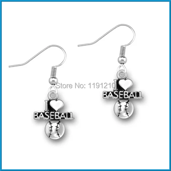 2014 free shipping antique silver plated i love baseball sports earrings | Украшения и аксессуары