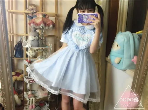Kawaii/платье горничной в форме сердца для девочек в стиле Лолиты; кружевное цельнокроеное платье с вышивкой в виде букв и феи Kei; двухслойное платье из органзы