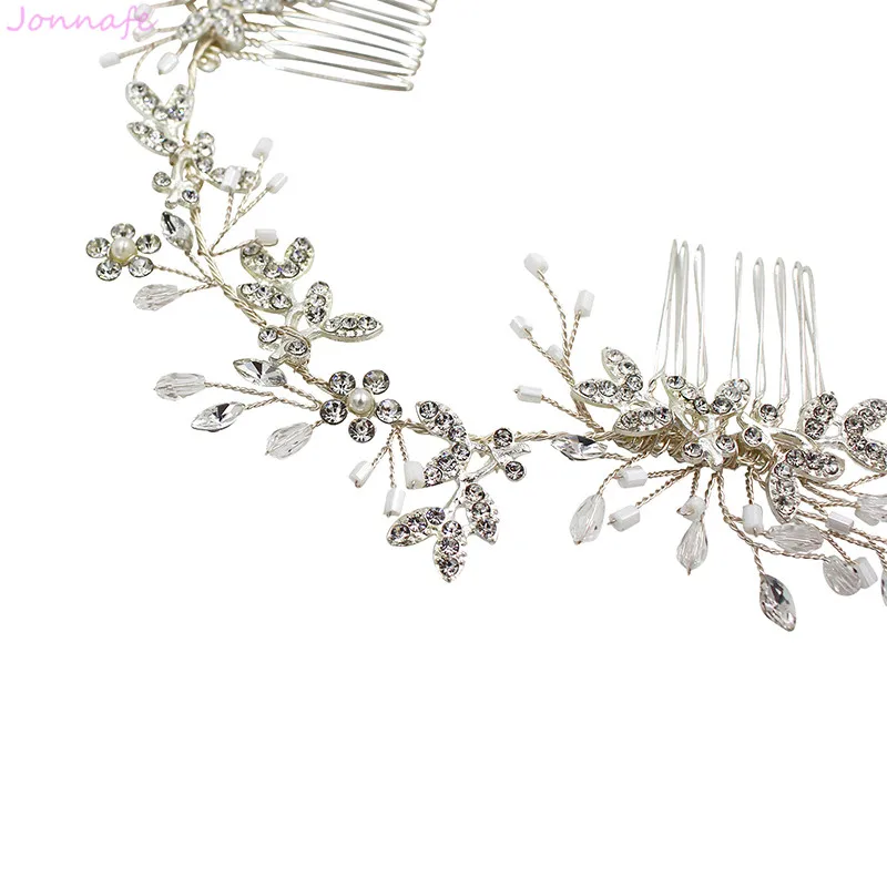 Jonnafe Silver Color Bridal Long Hair Comb Vine Rhinestone Leaf Wedding Headpiece Ornament Women Accessories | Украшения и
