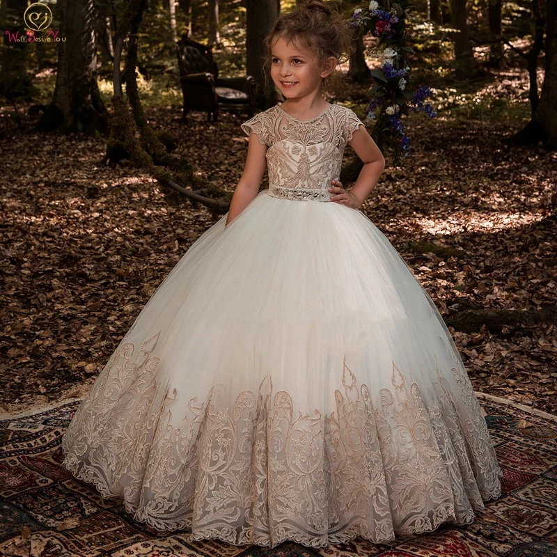 

2019 бальное платье, длинные платья для девочек с цветами для свадьбы, кружевные платья с кристаллами и бусинами, платья для первого причастия...