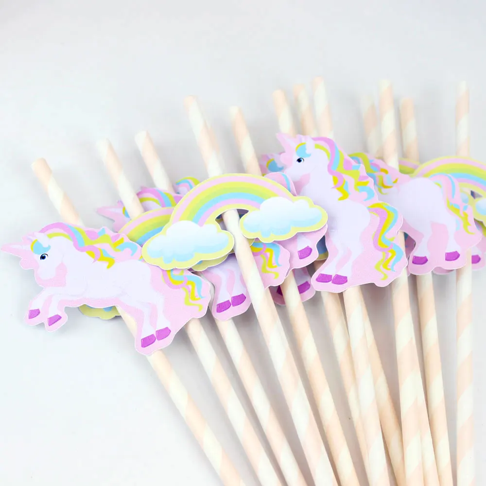 Rainbow Unicorn соломы 24 шт. Бумага Соломинки Единорог День рождения праздничные поставки украшение Бумага Трубочки праздник Соломинки